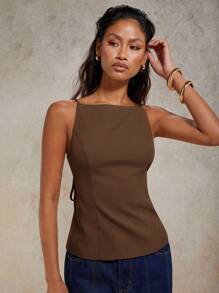 COSMINA 女士性感纯色系带露背吊带背心（夏季） - 咖啡棕 - 查看 5