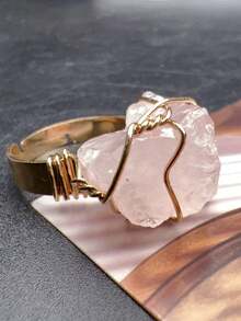SHEIN Basic living 1pc Natural Crystal Rough Raw Ring Healing Gemston Statement Copper Wire Wrapped Asymmetric Crystal Gemstone Adjustable Adjustable Rings Jewelry For Women Girls Best Gifts Birthday Graduation