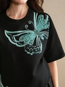 Anewsta 欧美风品牌蝴蝶刺绣短袖女T恤 - 黑色 - 查看 6