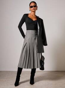 COSMINA 女式全印花百褶开衩优雅半身裙 - 黑與白 - 查看 3