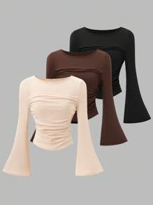 3pcs/Set Teen Girl Casual All-Match Versatile Daily Wear Tight Fitting Short Flare Sleeve Crop Top Chic Outfits For Autumn/Winter Fall