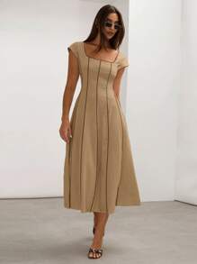 COSMINA 奶油色亚麻混纺拼色修身无袖A字型复古风格优雅女式春秋季连衣裙 - 棕色 - 查看 3