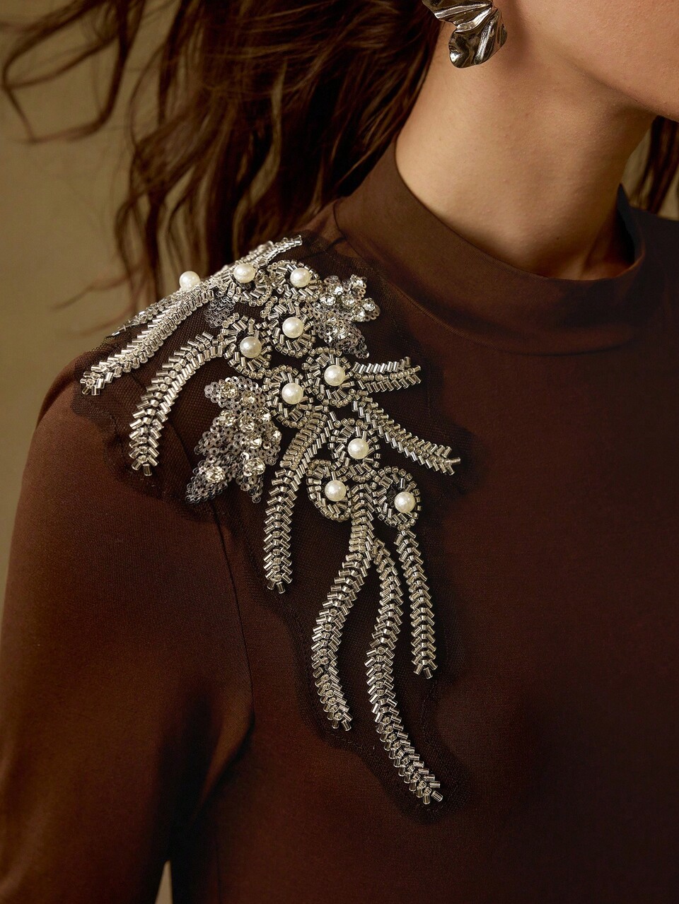 FAUX PEARL & BEADED DETAIL FLOWY DRESS