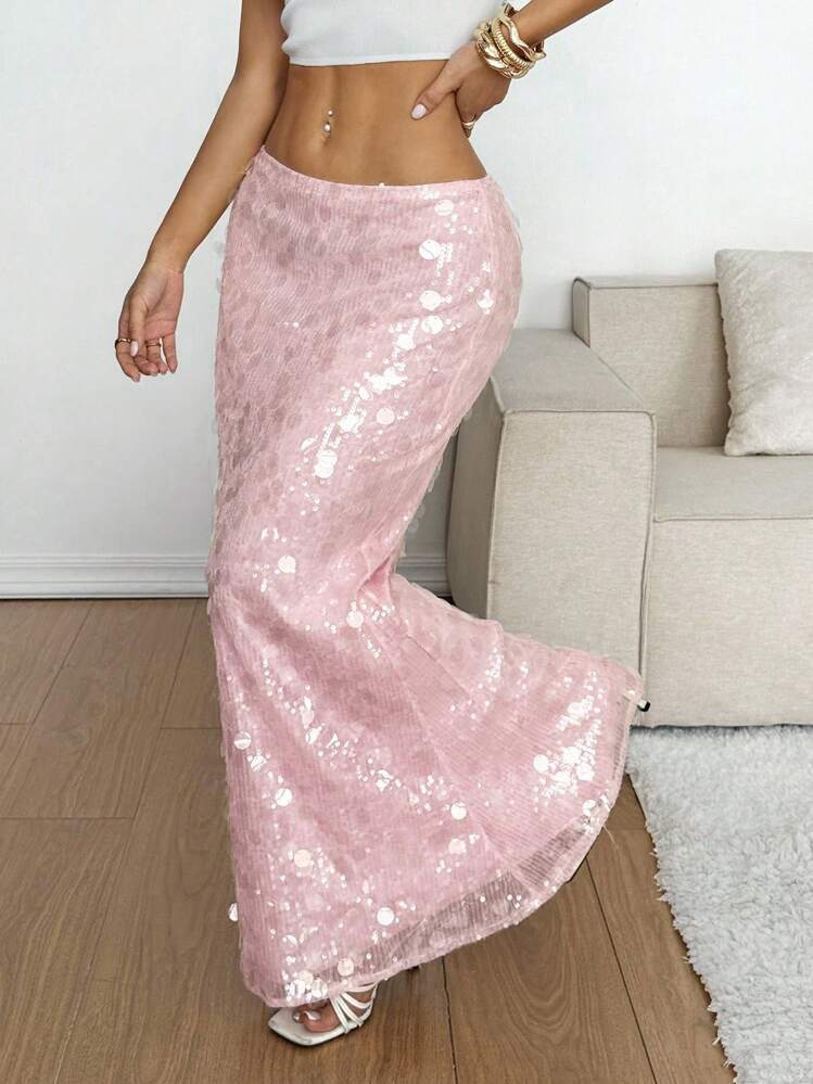 SHEIN EZwear Women's Solid Color Sequin Mermaid Hem Elegant Skirt - Pink - View 3