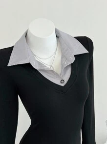 Elamini 女士休闲合身针织条纹衬衫 - 黑色 - 查看 5