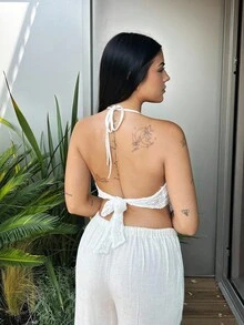 Lucia Bellido 女士夏季性感波西米亚海滩度假演唱会服装女士露背领带金属装饰钩针夏季上衣，女士夏季服装，女士性感俱乐部服装 - 白色 - 查看 2
