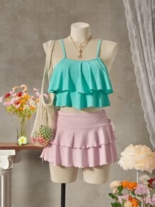 SHEIN Swim With Ruffle Trim Beach Tankini Set Outfit For Women, For Summer Vacation - Mint Green - View 10