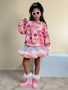 Paul Frank X SHEIN Tween Girls Four Seasons Cartoon Pattern Round Neck Sweatshirt Fall Winter - Pink - View 3