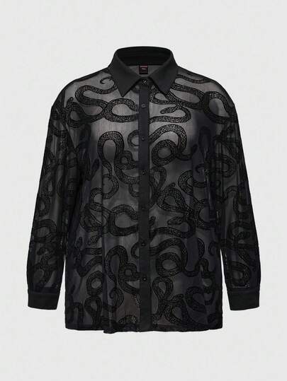 Gothic Style Snake Skin Flocked Loose Sheer Plus Size Shirt