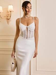 Glamine Charm Lace Up Front Mesh Insert Bustier Cami Bodysuit - White - View 5