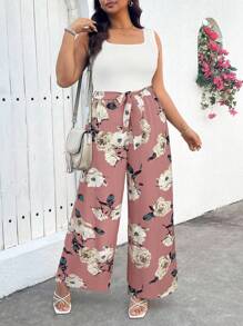 SHEIN LUNE Plus Size Floral Colorblock Tie Waist Jumpsuit Spring Break Boho Rave Outfits Festival Spring Break Outfits Old Money Style Women Rave Outfits Summer Spring Outfits For Beach - Pink - View 5