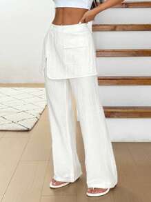 SHEIN EZwear 白色梭织女式工装口袋拼布喇叭长裤 - 白色 - 查看 7