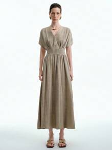 Aalyst Women's Spring/Summer Collared Short Sleeve Waist Cinched A-Line Simple All-Match Solid Color Maxi Dress - Khaki - View 3