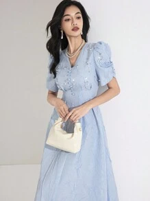 Heiryn 女士优雅串珠装饰中长连衣裙，夏季 - 藍色 - 查看 6