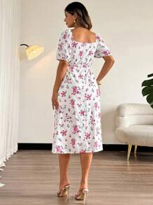 SHEIN PETITE Plus Size Women's Summer Floral Print Puff Sleeve Elegant Dress, Vacation Style