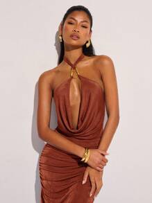 COSMINA Sultry Sleeveless Long Dress In Knitted Fabric With Split Thigh And Halter Neckline