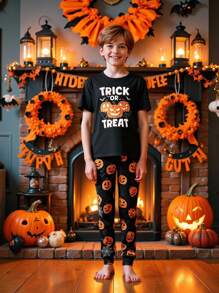 青少年男童睡衣 UV 灯夜光万圣节南瓜印花黑色针织圆领上衣和紧身南瓜印花裤两件套，万圣节礼物，建议订购大一码 - 黑色 - 查看 2