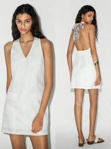 Lumivelle 女士优雅刺绣贴片吊带高低下摆连衣裙 - 白色 - 查看 8