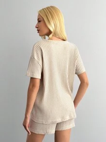 EURMUSE Petite Size Women Frenchy Crochet Ribbed Two Pieces Outfits Set - Apricot - View 2