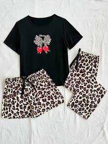 SHEIN Bộ đồ ngủ 3 món tay ngắn họa tiết da báo và quả anh đào cỡ lớn, quần short và quần ngủ - màu đen - Xem 6