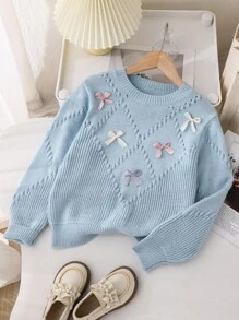 SHEIN Genkimix Kids 青少年女孩返校休闲蝴蝶装饰圆领毛衣，柔软、温暖、百搭、舒适，适合秋冬季 - 藍色 - 查看 1