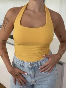 Lucia Bellido Camiseta de tirantes de cuello halter de unicolor para mujer, de verano - Amarillo - Ver 3