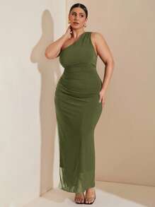 SHEIN BAE Vestidos de mujer talla grande para bodas, damas de honor, fiestas, citas, vacaciones. Vestidos de verano talla grande elegantes para fiestas, cumpleaños, San Valentín, de satén, con hombros asimétricos o de un solo hombro. Vestidos de verano talla grande con cuello asimétrico, cintura plisada y aberturas laterales maxi. - Verde militar - Ver 5