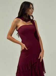 Modelyn 女士时尚荷叶边装饰中长连衣裙，混合面料拼接连衣裙，栗色连衣裙，长款露肩连衣裙，开衩连衣裙，酒红色连衣裙，女士时尚休闲秋季服装，可爱复古朴素女士服装，返校校服，返校连衣裙，女士教师服装 - 摩卡棕 - 查看 4