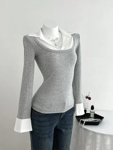 Elamini Damska koszula 2 w 1 z długim rękawem i swobodnym krojem patchworkowym - Szary - Zobacz 1