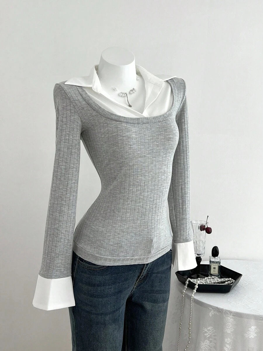 Elamini Damska koszula 2 w 1 z długim rękawem i swobodnym krojem patchworkowym - Szary - Zobacz 1