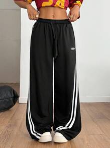 Coolane 女式秋季嘻哈运动休闲棉质织带阔腿运动裤 - 黑色 - 查看 5