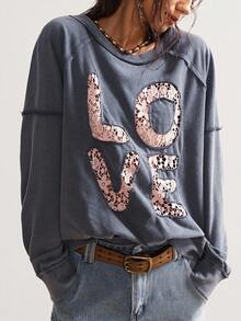 Bohemela 女士休闲纯色针织圆领短袖宽松运动衫爱心运动衫个性运动衫秋冬 - 灰色 - 查看 6