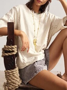 Bohemela 女士休闲纯色针织圆领短袖宽松水洗T恤 - 杏色 - 查看 2