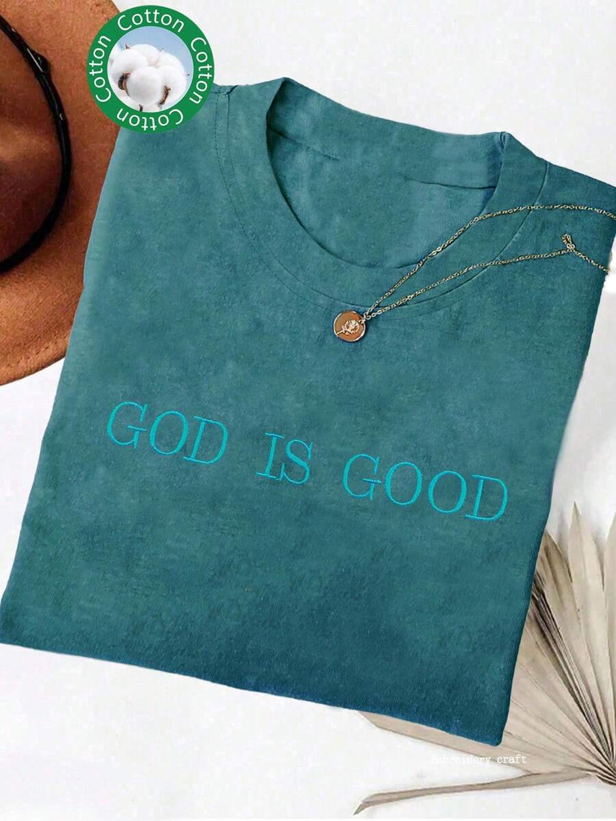 INAWLY Áo sơ mi đơn giản thêu chữ "Chúa là tốt lành", Áo sơ mi màu sắc thoải mái làm quà tặng, Áo sơ mi đức tin, Áo phông đức tin, Áo nhóm nhà thờ, Áo phông thêu cổ tròn cho nữ - Màu xanh ngọc - Xem 1