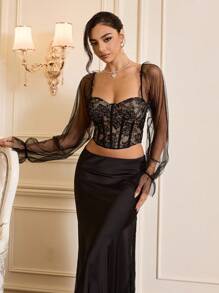 Zolique Contrast Mesh Flare Sleeve Crop Floral Lace Top Fall Cloth For Women - Black - View 4