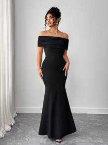 Elenzga فستان كاجوال للسيدات بحجم كبير بلون أحادي مكشوف الكتف / فستان صيفي مثير وأنيق بياقة مكشوفة الكتف مناسب وضيق - الأسود - مشاهدة 5