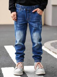 男童百搭修身锥形水洗刺绣牛仔裤，休闲日常百搭牛仔裤，秋冬 - 深色水洗藍 - 查看 1