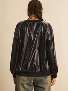Freevana 冬季服装加大码拉链长袖时尚PU皮革黑色飞行员夹克 - 黑色 - 查看 2