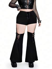 Whyspr Casual Punk Style Hollow-Out Ribbon Knot Darkness Solid Color Flare Trousers Fall Cloth For Women - Black - View 1