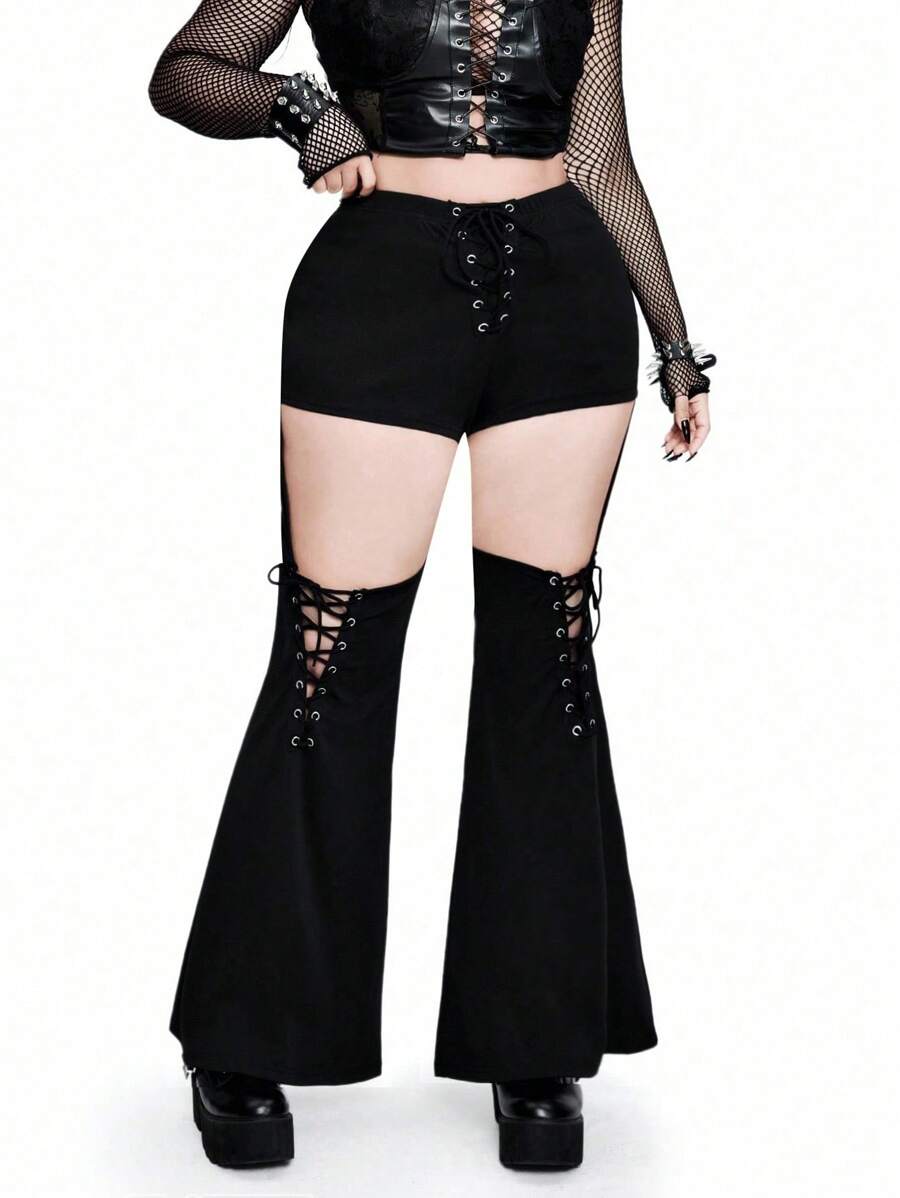 Whyspr Casual Punk Style Hollow-Out Ribbon Knot Darkness Solid Color Flare Trousers Fall Cloth For Women - Black - View 1