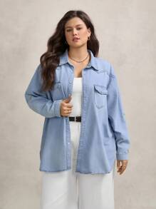 Zelara Plus Flap Pocket Roll Tab Sleeve Denim Shirt, Fall Women Clothes
