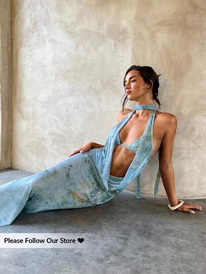 Aloruh Women's New Tie-Dye Print Chiffon Bohemian Mermaid Hem Cover-Up Dress, Elegant Sexy Backless Deep Draped Neck Maxi Dress, Perfect For Women's Summer Beach Vacation Backless Maxi Dress Cut Out Maxi Dress Ocean Dress Cover Ups For Swimwear Swim Coverup Women Bathing Suit Cover Up, Country Concert Outfit