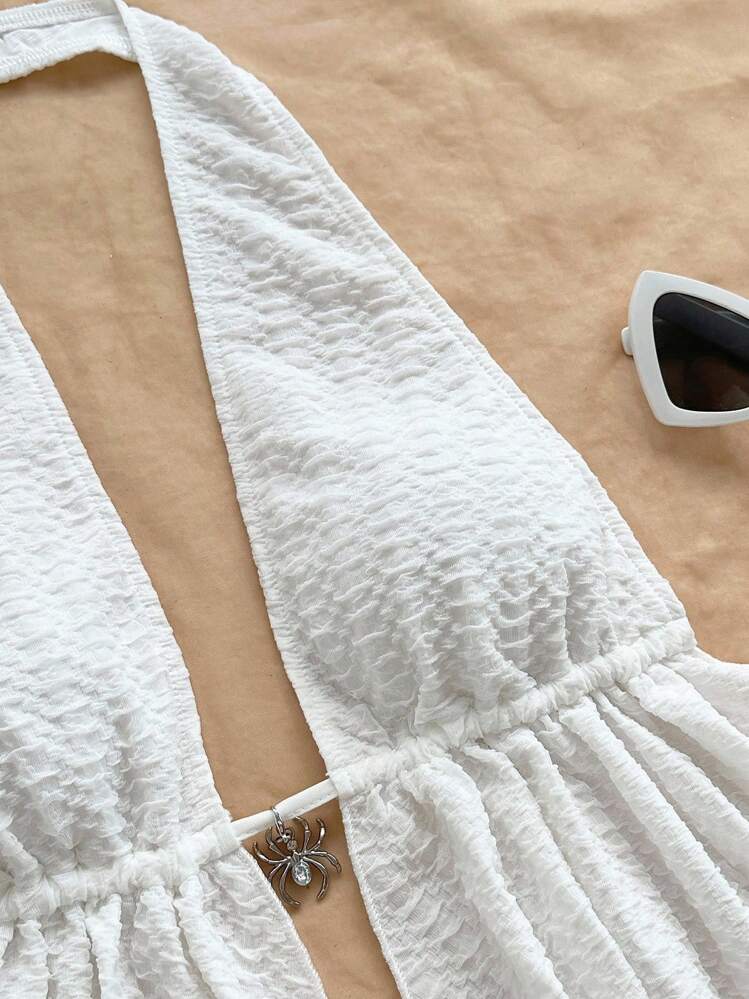 Soleia Women's Vacation 2 Pieces Set: Cream White Textured Knit Halter Backless Tie Crop Top And Low Waist Ruched Drawstring Shorts, Suitable For Holiday Dates, Afternoon Tea, Parties, Beach, Cruise, City Vacation, Island Vacation, Music Festivals, Boho Vacation, Can Be Worn Inside Or Outside As A Beachwear Set Women Summer Set White Summer Outfit Two Piece White Set White Two Piece Set Vacation Outfits Women White Beach Outfit White Two Piece Set Women Two Piece White Set Women Women Summer Outfit Set - White - View 3