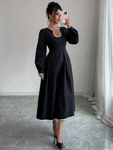 Siren Gaze Solid Color U-Neck A-Line Hem Dress, Contrast Trim Dress, Elegant Women's Clothing, Ladies Office/Commute Long Sleeve Dress, Black Dress Winter Evening Dress Black - Black - View 9