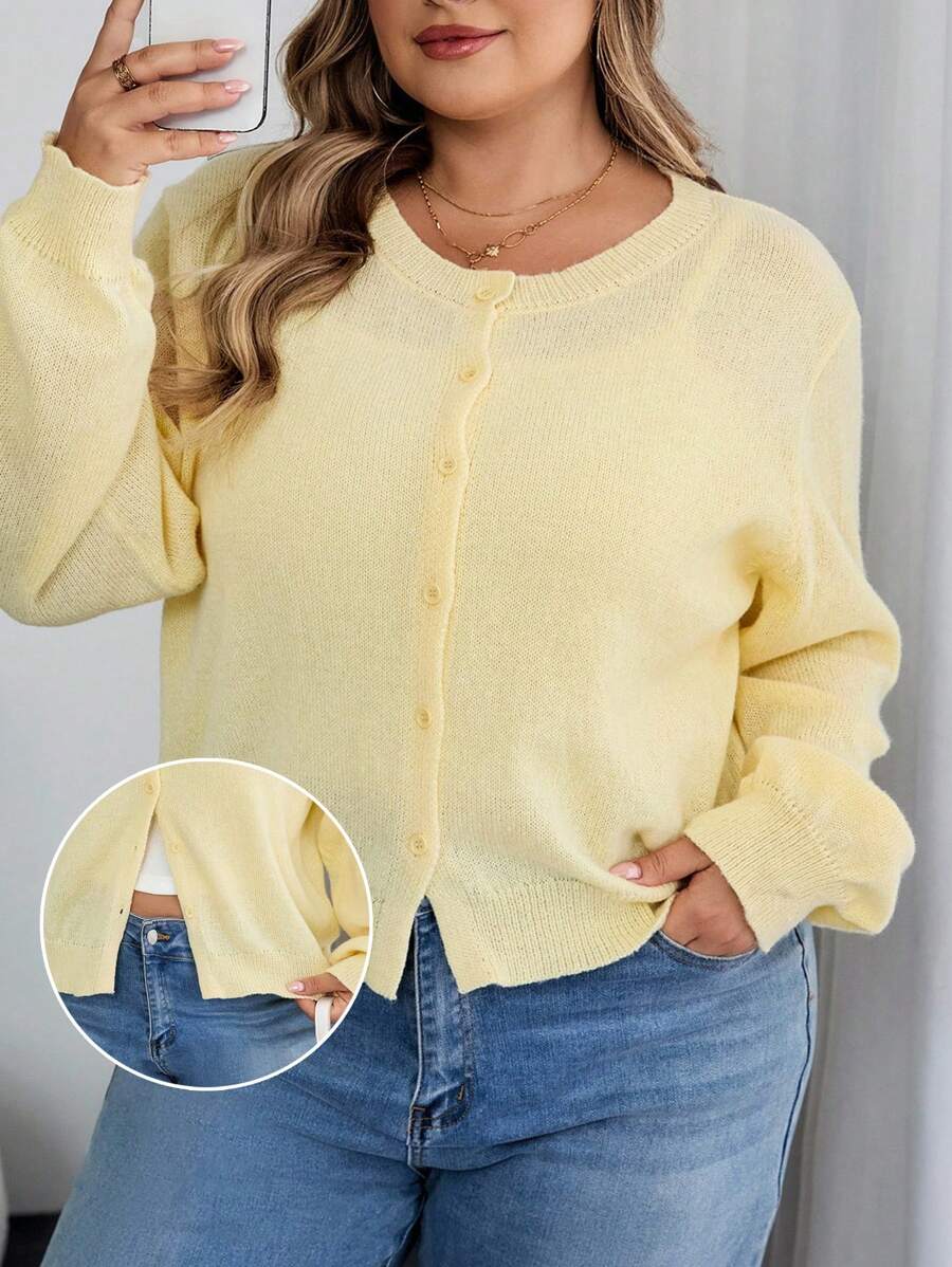 SHEIN CURVE+ Curves Plus Size/Chool Clothes/Back To School Clothes /Back To SchoolCasual Solid Color Round Neck Long Sleeve Loose Cropped Plus Size Cardigan Plus Size Shrug 8xl Cardigan Plus Size Summer Yellow Cardigan 6xl Plus Size Cardigan,Fall Clothes For Womenfall Clothes For Women,Winter,CURVE PLUS Autumn