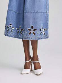 Selenza Chân váy denim chữ A thêu hoa rỗng thoải mái cho nữ - Rửa trung bình - Xem 7