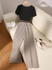 Franclia Summer Casual Commuter Solid Color Short Sleeve Top And Striped Wide Leg Pants Set Clothes For University - Black - View 2