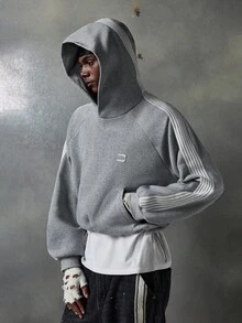 NEON BLANC 男士连帽长袖丝带拼布印花连帽衫，适合秋冬 - 灰色 - 查看 2