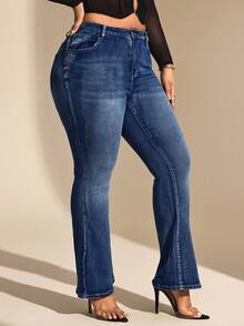 Hourglow Cardis.Ego Plus Size Front Button Pocket Simple Flare Jeans, Casual Everyday Wear, For Hourglass Body Shape - Dark Wash - View 4