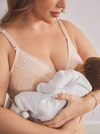 Moonlight&Mama Plus Size Nursing Bra With Hook, Underwires, Lace Patchwork, Convenient For Breastfeeding
